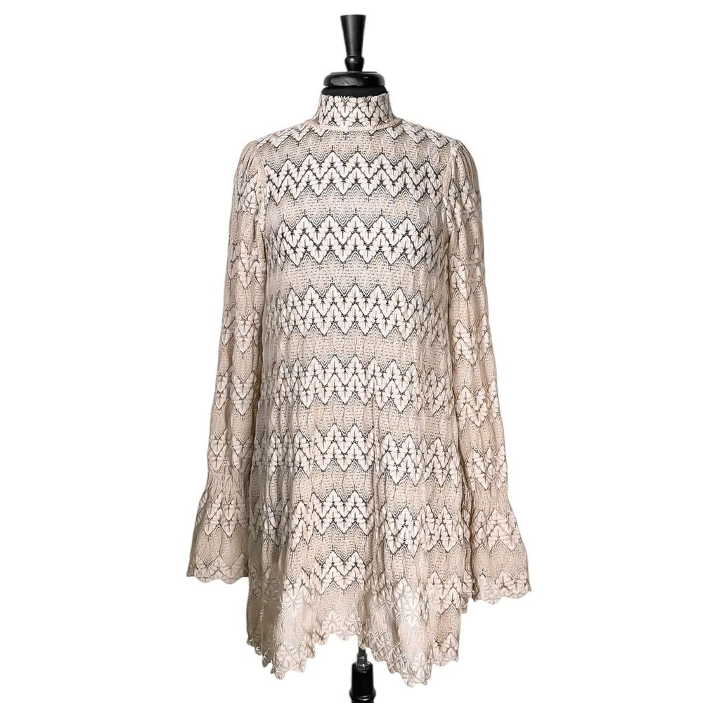 Free People Womens XS Sheer Lace Mini Dress Mock Neck Bell Sleeve Boho Cover Up